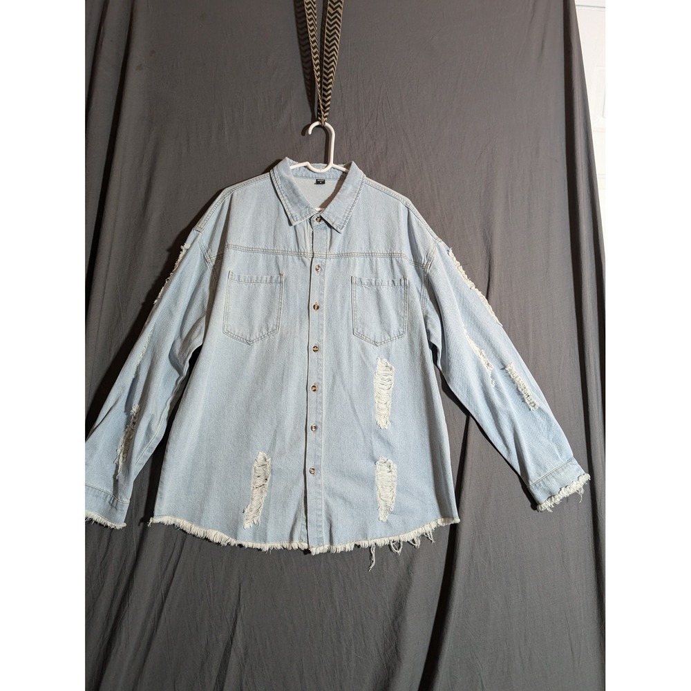 MANFINITY Mens XL Distressed Denim Shirt Light Wash Button Down Oversized